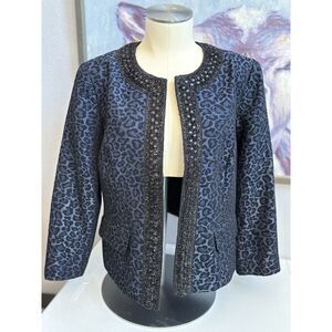 Chico's Women's Size 1 Blue Leopard‎ Print Open Blazer with Sparkle Trim